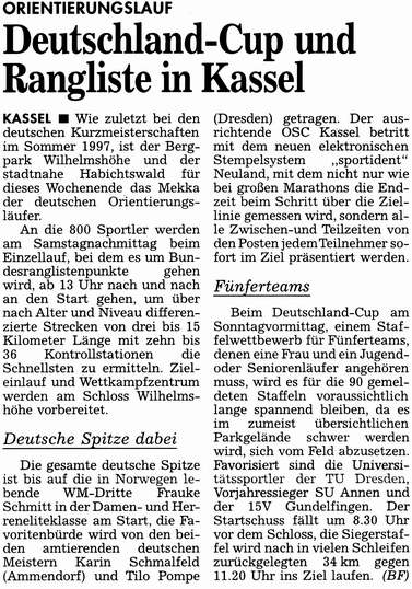 OL: Deutschland-Cup und Rangliste in Kassel